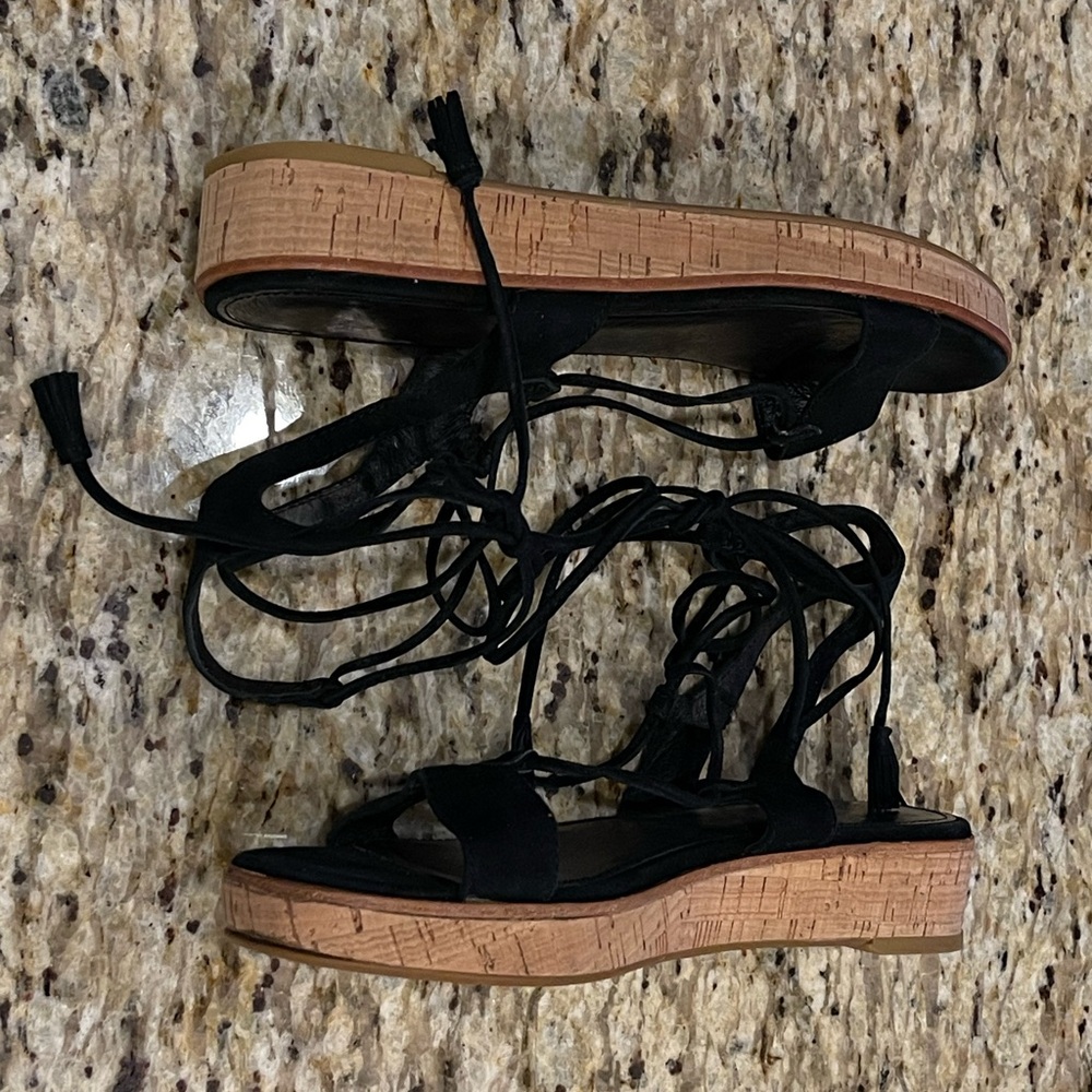 FRYE Miranda Gladiator Black Suede Cork Flat Sandals Women Size 7.5 M $275